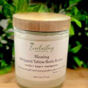 Blessing Whipped Tallow Body Butter in 8 oz glass jar with bamboo lid, vanilla bean Madagascar scent by Everlasting Organics