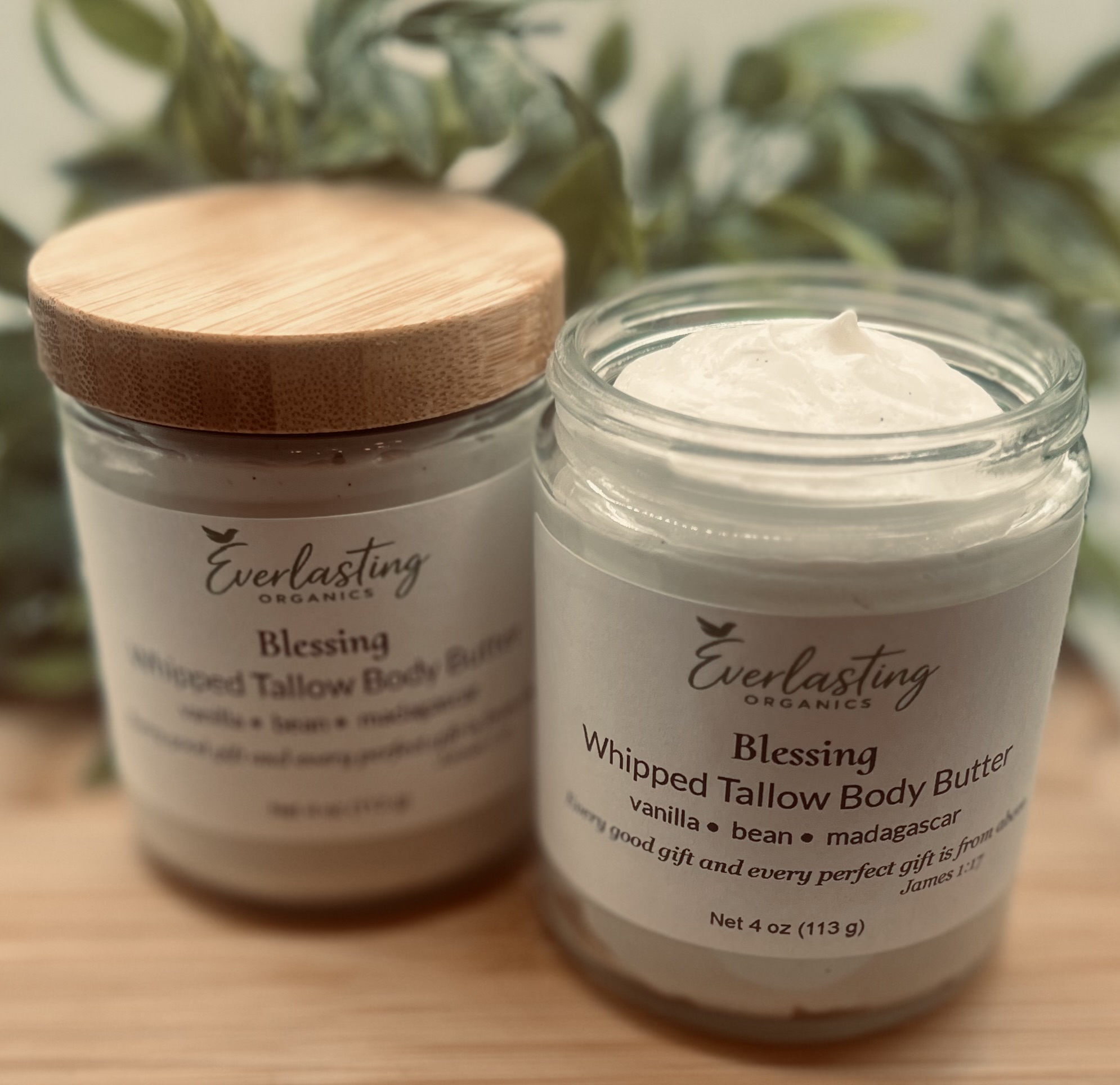 Blessing Whipped Tallow Body Butter open jar showing airy whipped texture with real Madagascar vanilla bean speckles by Everlasting Organics