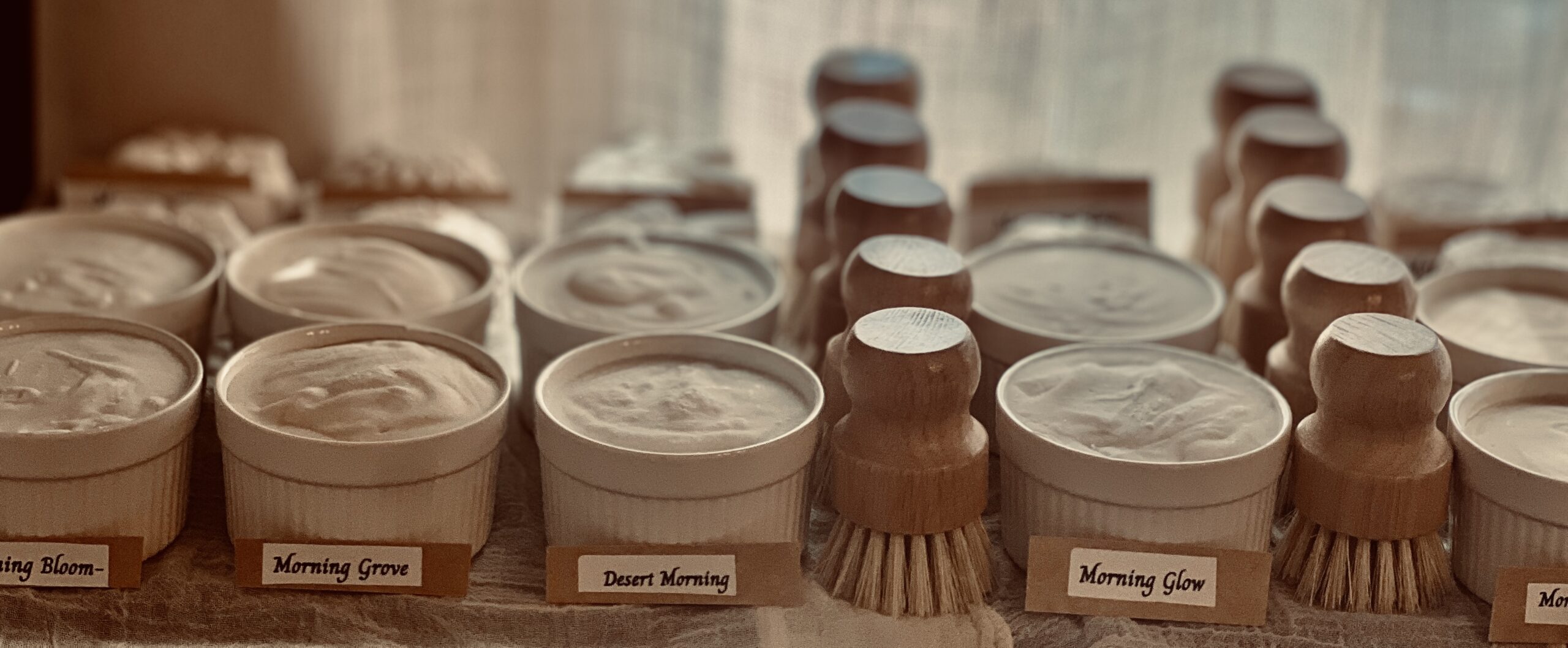 Complete Morning Collection solid dish soap lineup featuring Morning Bloom Morning Grove Desert Morning Morning Glow and Morning Meadow handmade cold process bars curing in white ceramic ramekins with bamboo brushes, Abiding Home collection by Everlasting Organics Yadkin Valley North Carolina 🌿