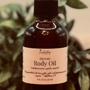 4 fl oz amber glass pump bottle of Divinity Body Oil — Everlasting Organics frankincense myrrh camelina jojoba organic body oil Clemmons NC