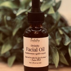Divinity Facial Oil 1 fl oz amber glass dropper bottle — Everlasting Organics frankincense myrrh resin infused Moroccan argan facial oil