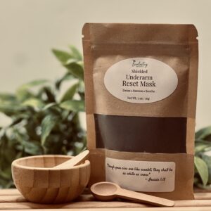 Everlasting Organics Shielded Underarm Reset Mask kraft pouch with bamboo mixing bowl wooden spoon natural deodorant transition support vegan clay detox mask