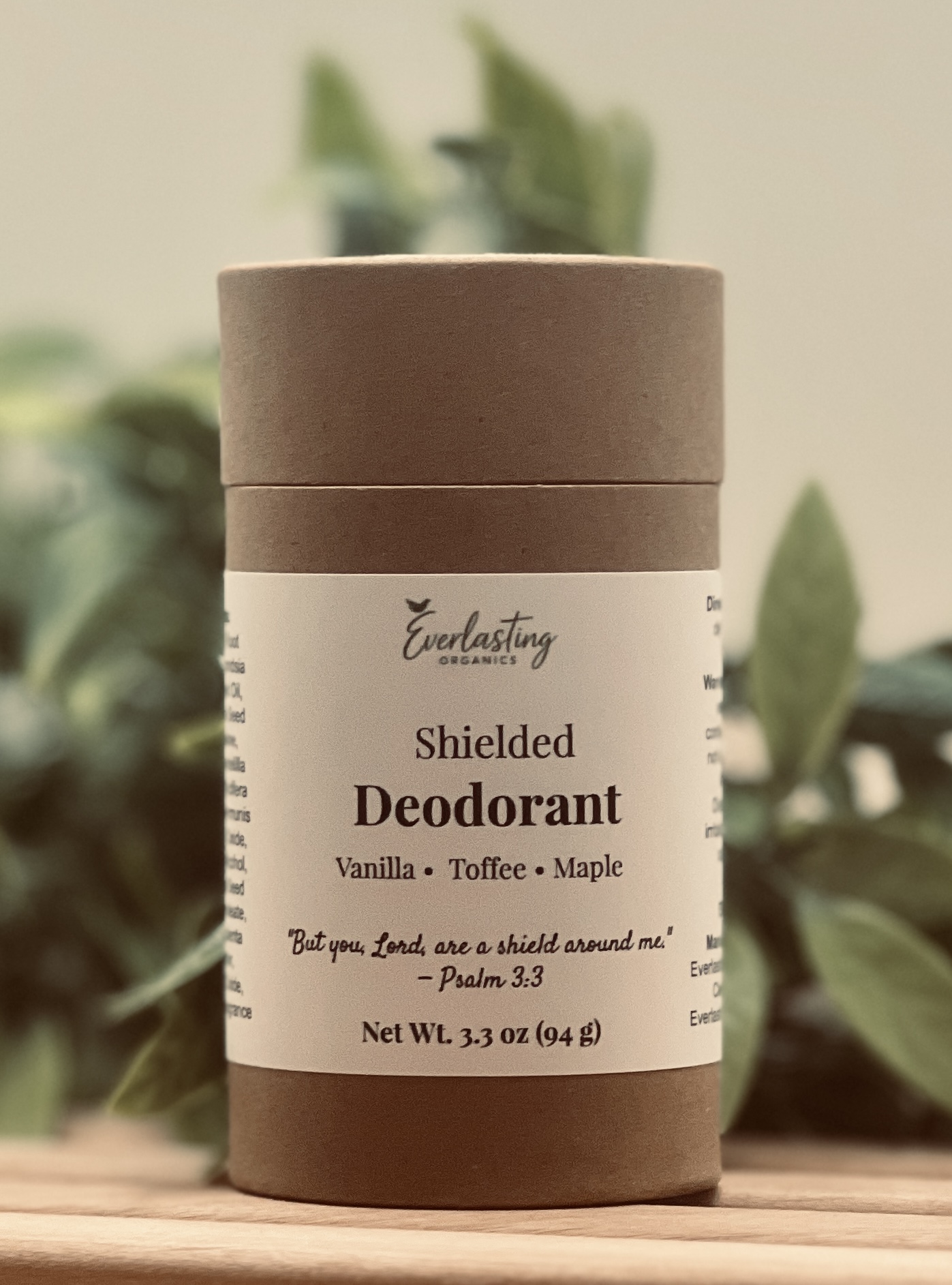 Everlasting Organics Shielded aluminum-free natural solid deodorant stick vanilla toffee maple scent in biodegradable eco-friendly push-up container