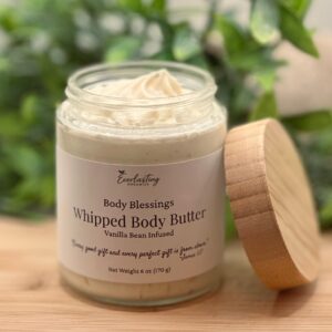 Everlasting Organics Vegan Whipped Body Butter 6oz glass jar with bamboo lid open top showing whipped texture