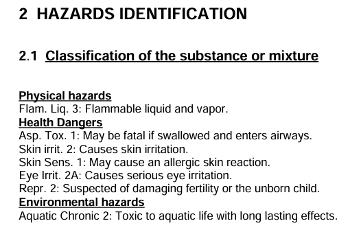 Safety data sheet hazards identification section for a separate one hundred percent plant based fragrance oil showing reproductive toxicity, eye damage, and inhalation toxicity classifications